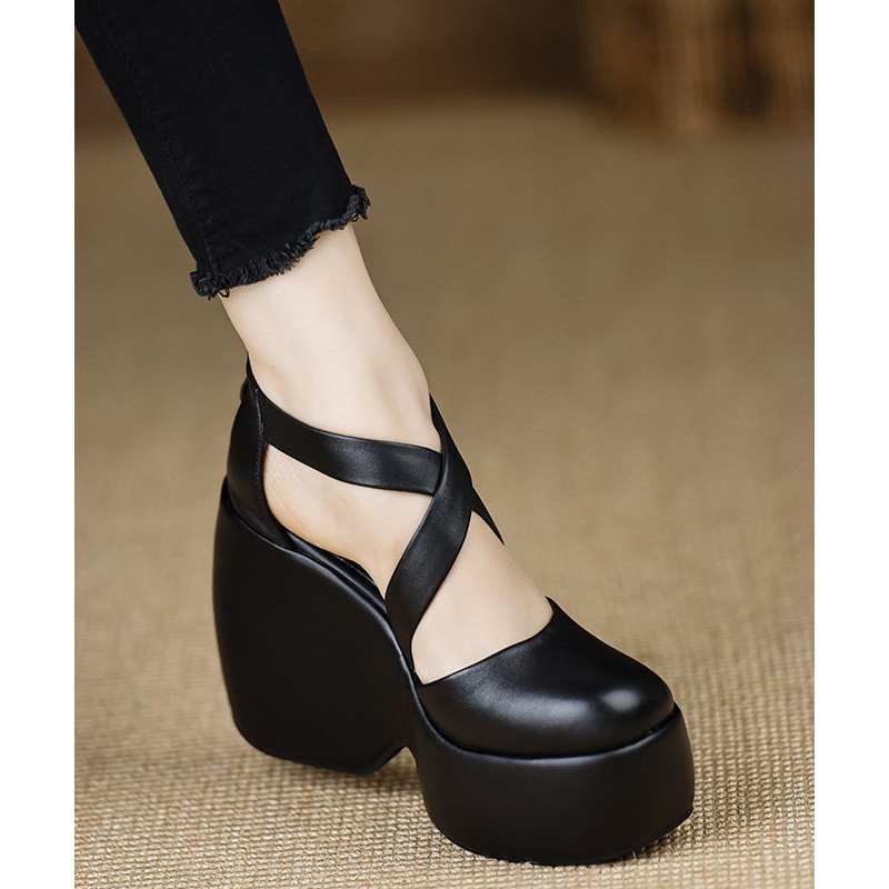 Black Sheepskin Stylish Splicing Cross Strap Wedge High Heels