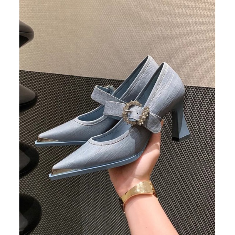 Blue Buckle Strap Splicing Chunky High Heels Pointed Toe