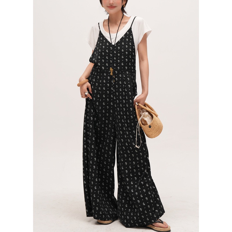 Bohemian Black Oversized Print Cotton Overalls Jumpsuit Summer