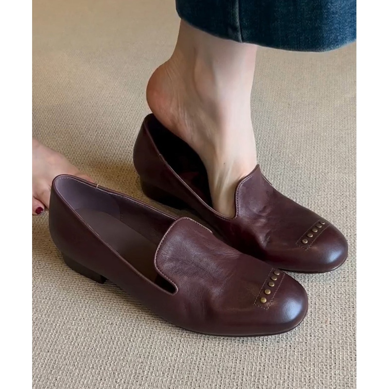 Brown Faux Leather Rivet Chic Splicing Loafers For Women
