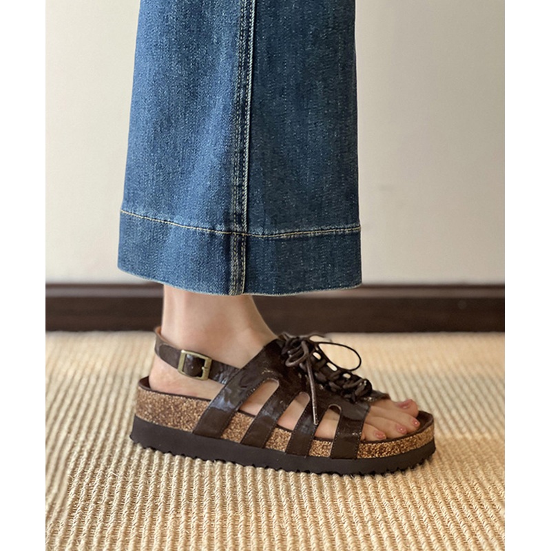 Brown Hollow Out Lace Up Splicing Platform Sandals Peep Toe