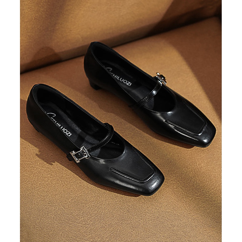 Classy Buckle Strap Splicing Chunky Black Cowhide Leather