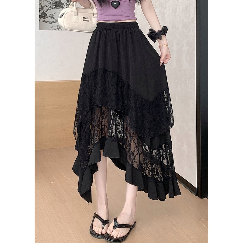 Elegant Black Asymmetrical Lace Patchwork Cotton Skirts