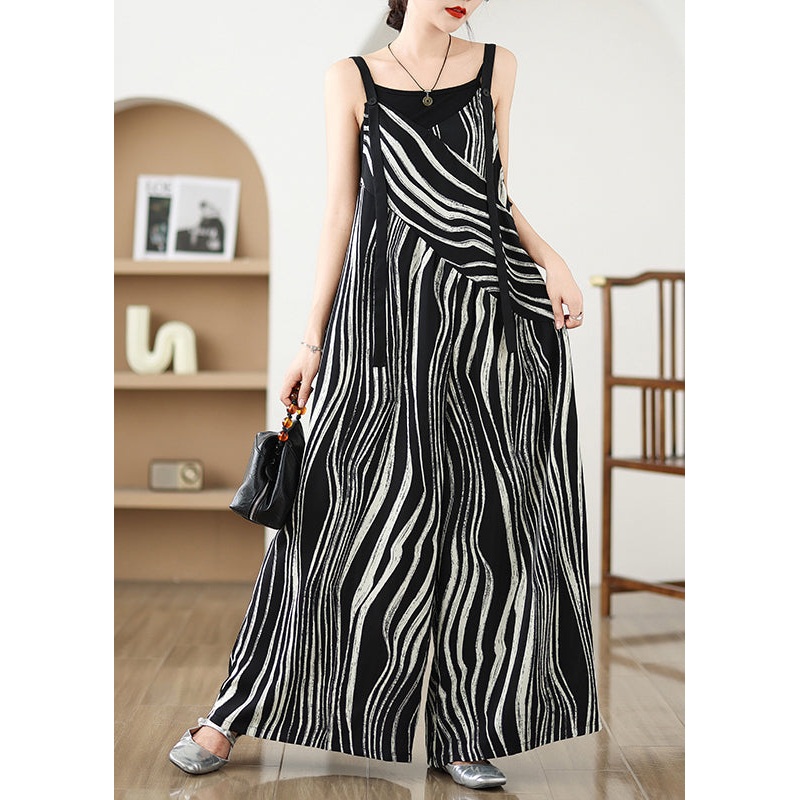 Fashion Black Oversized Striped Wide Leg Pants Jumpsuit Summer
