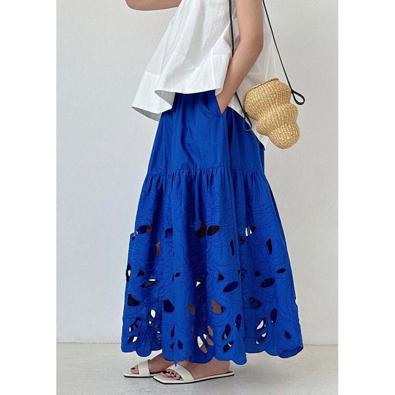 French Blue Embroidered Hollow Out Cotton Skirt Summer