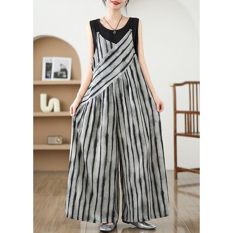 French Grey Oversized Striped Jumpsuits Summer