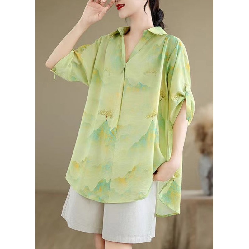 Grass Green Print Chiffon Shirt Oversized Half Sleeve