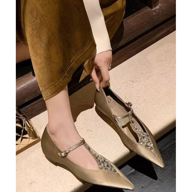 New Fashion Apricot Zircon Cowhide Leather Wedge Pointed Toe