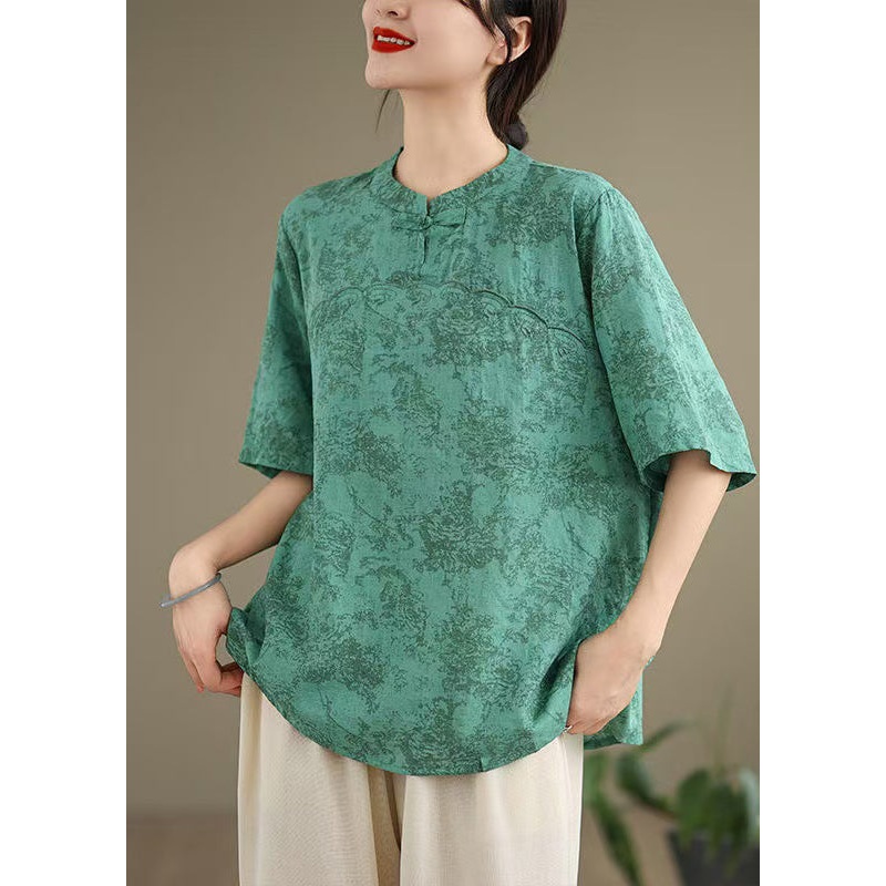 New Retro Green Print Cotton Oriental Tops Summer