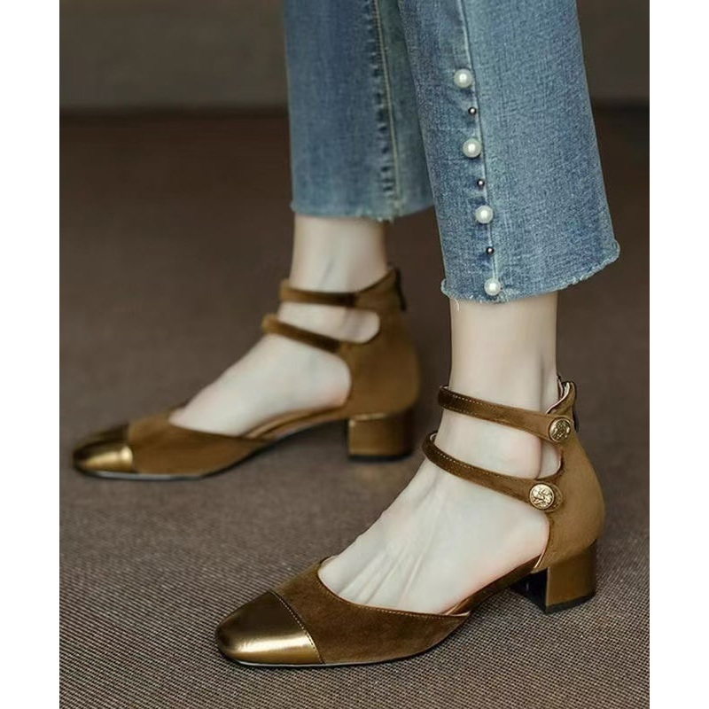 New Velour Splicing Chunky Sandals Champagne Cowhide Leather
