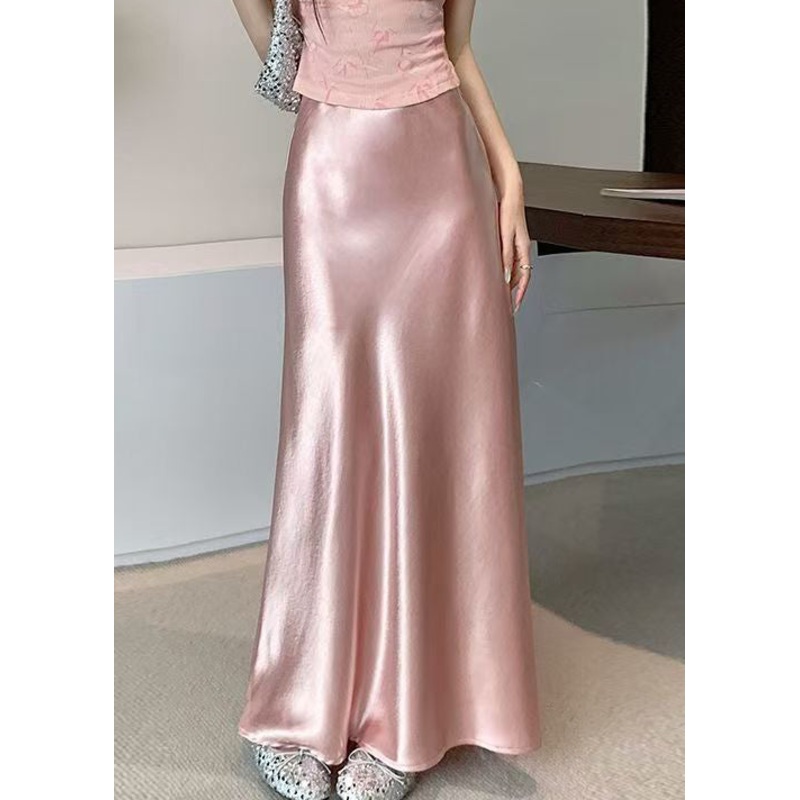 Pink Original Design Solid Silk Skirts High Waist