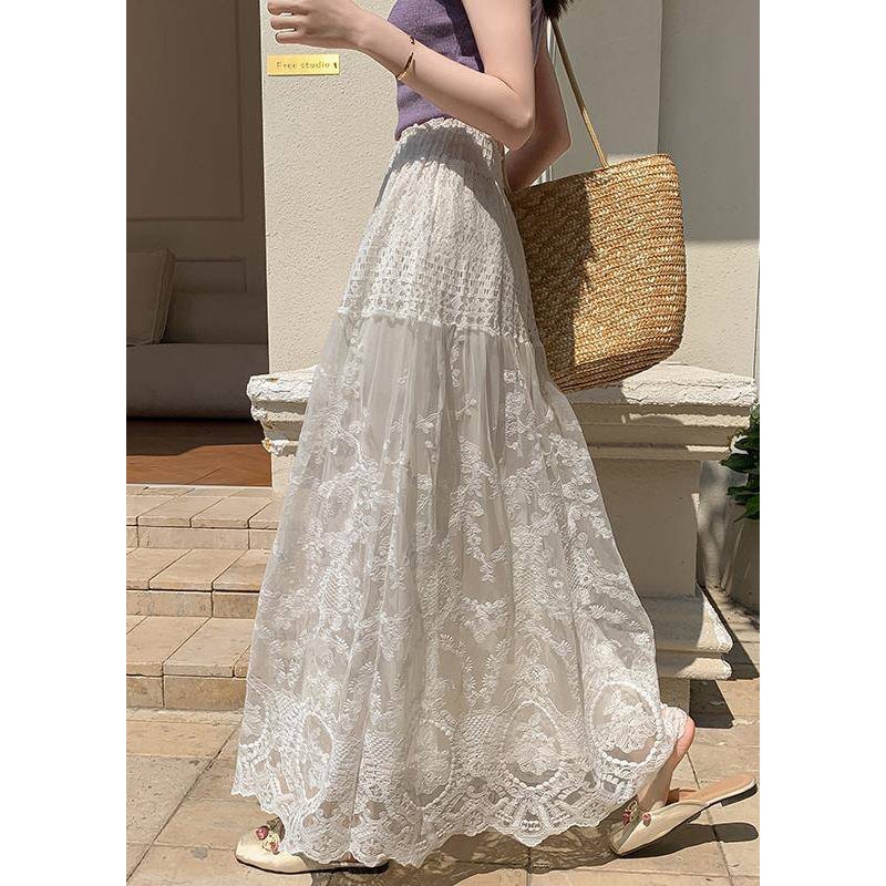 Simple Apricot Hollow Out Lace Elastic Waist Tulle Skirts Summer