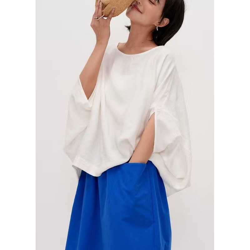 Simple White Oversized Cotton Tanks Batwing Sleeve