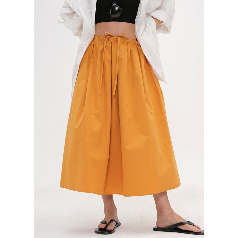 Simple Yellow Pockets Drawstring Solid Cotton Skirt Summer