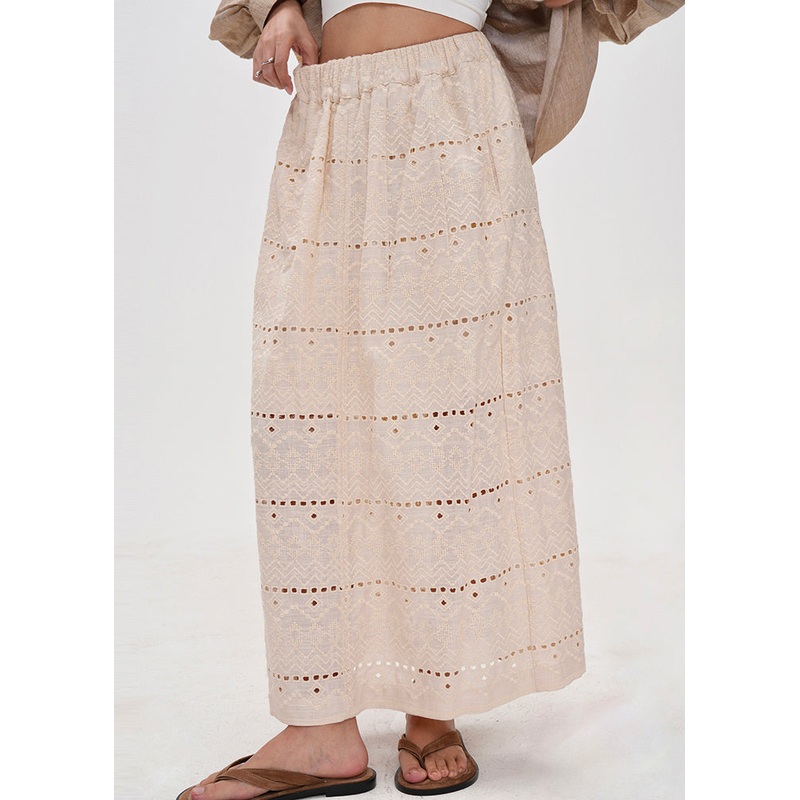 Style Beige Embroidered Hollow Out Side Open Cotton Skirts Summer