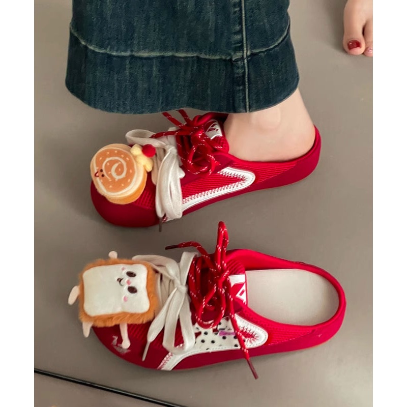 Stylish Cute Red Lace Up Breathable Mesh Slide Sandals