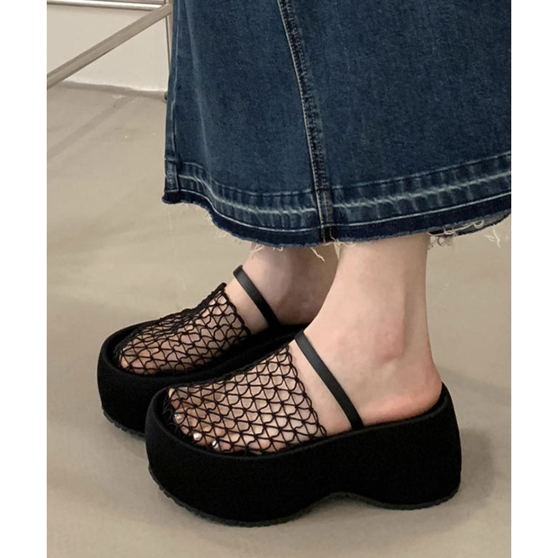 Stylish Splicing Platform Black Breathable Mesh Slide Sandals