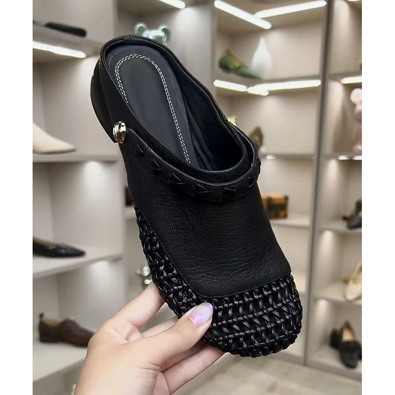 Summer New Black Hollow Out Woven Faux Leather Slide Sandals