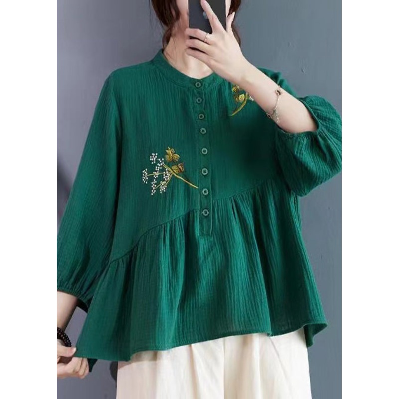 Tea Green Patchwork Cotton Shirt Embroidered Summer