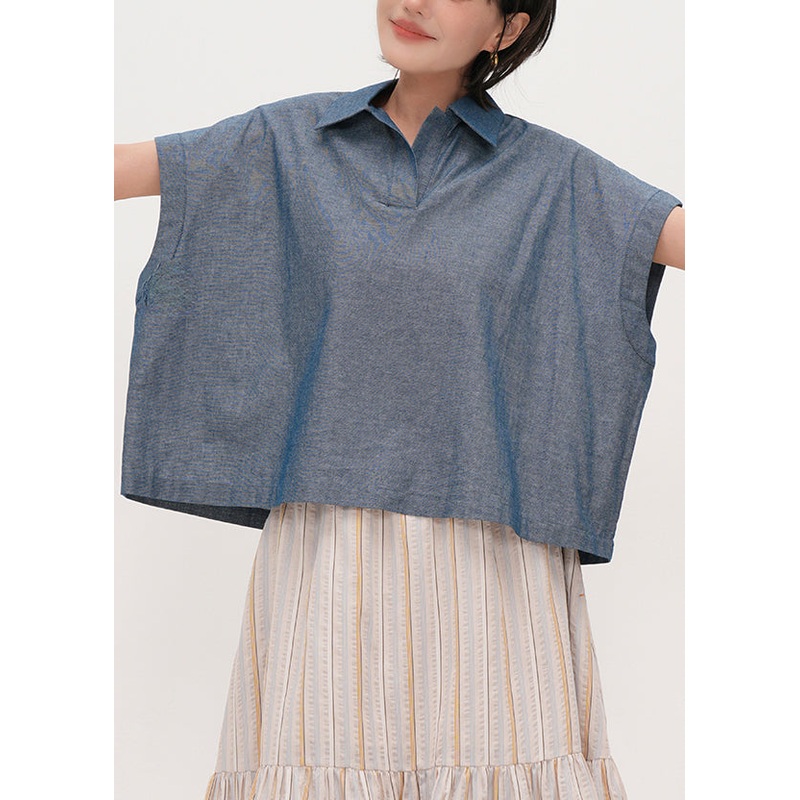 Vintage Blue Peter Pan Collar Oversized Cotton Shirts Summer