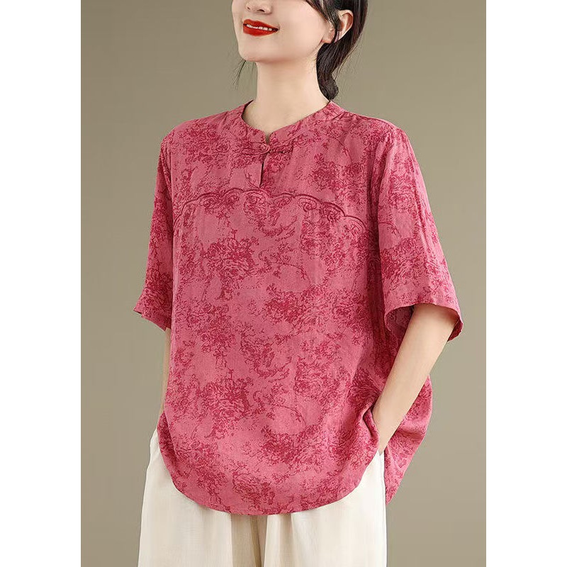 Vintage Rose Print Cotton Blouse Top Half Sleeve