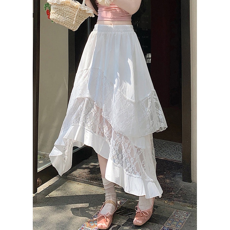 White Elastic Waist Patchwork Cotton Summer Skirts Asymmetrical