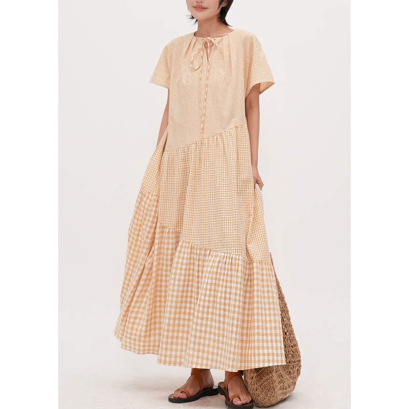 Women Beige Oversized Patchwork Plaid Cotton Dresses Summer