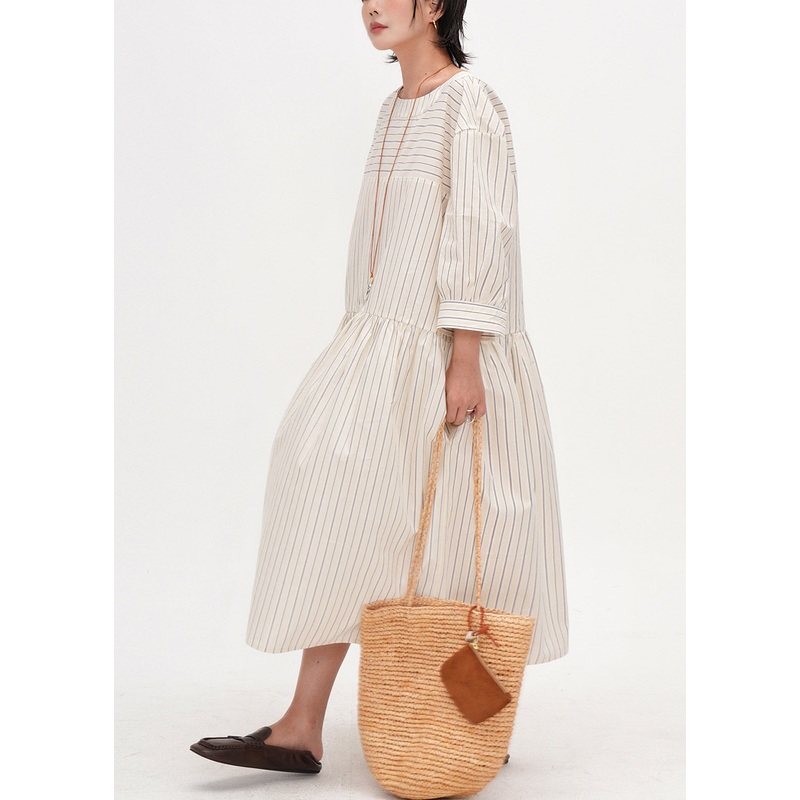 Women Beige Oversized Striped Cotton Maxi Dresses Bracelet Sleeve