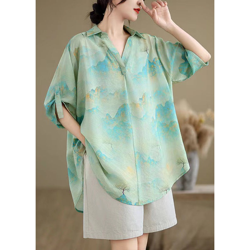 Women Blue Oversized Print Chiffon Shirts Summer