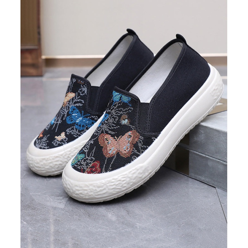 Women Casual Embroidered Flats Black Cotton Fabric
