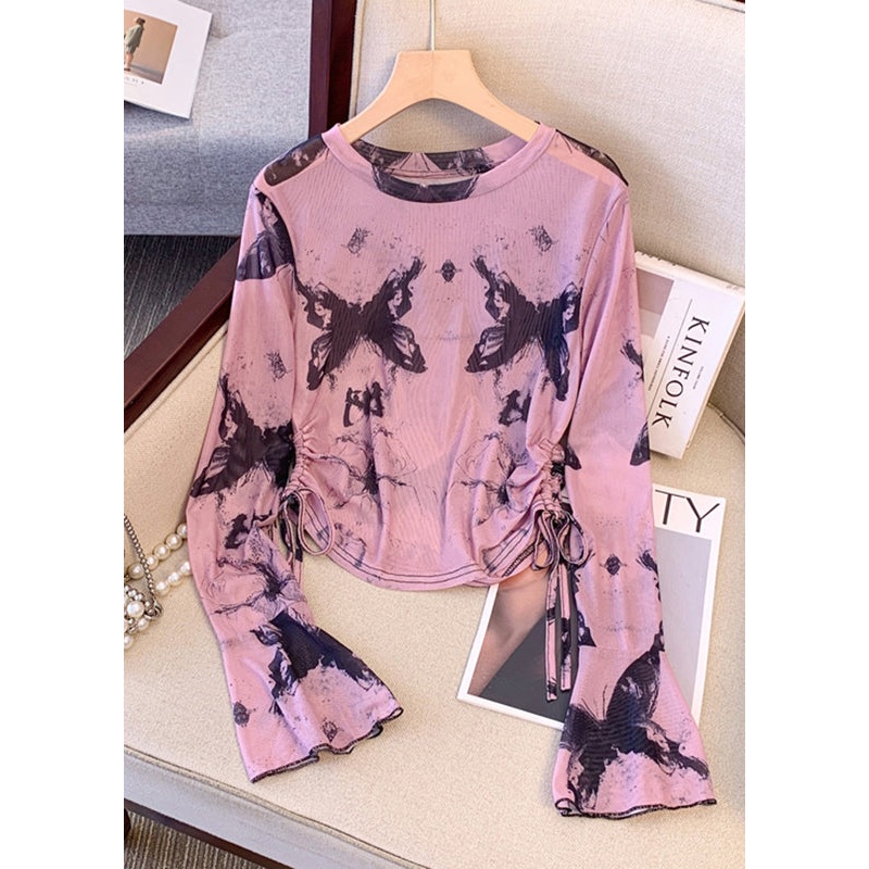 Women Rose Tie Dye Drawstring Knit UPF 50+ Tops Summer