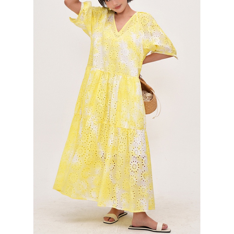 Women Yellow Tie Dye Hollow Out Cotton Holiday Dress Summer