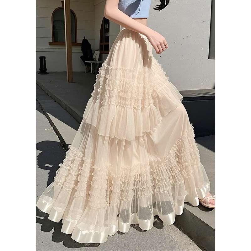 Art Apricot Ruffled Solid Elastic Waist Chiffon Skirts Summer