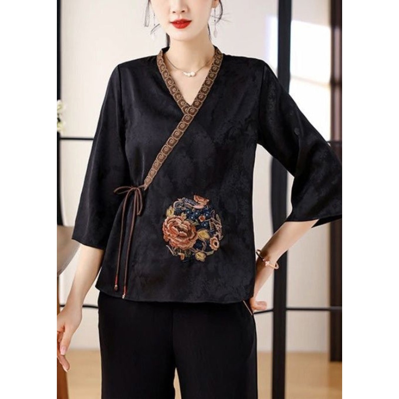 Art Black Embroidered Tie Waist Silk Shirt Top Bracelet Sleeve