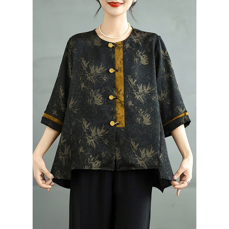 Art Black Print Chinese Button Silk Shirt Top Bracelet Sleeve