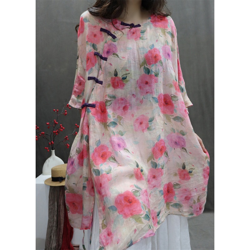 Art Chinese Button Print Lace Up Cotton Blouses Batwing Sleeve