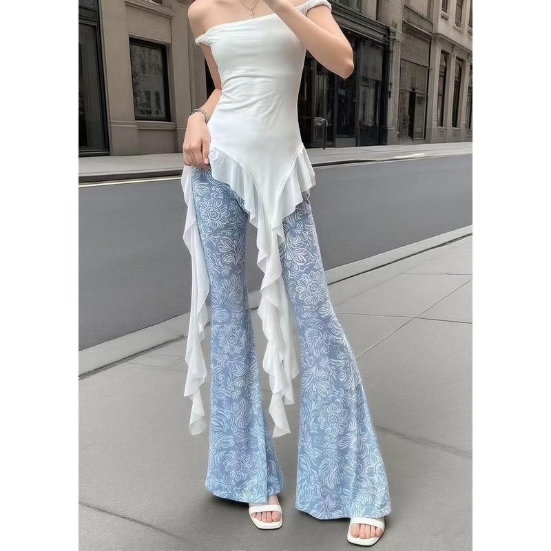 Art Denim Blue Print Tummy Control Tulle Bell-bottom Trousers Summer