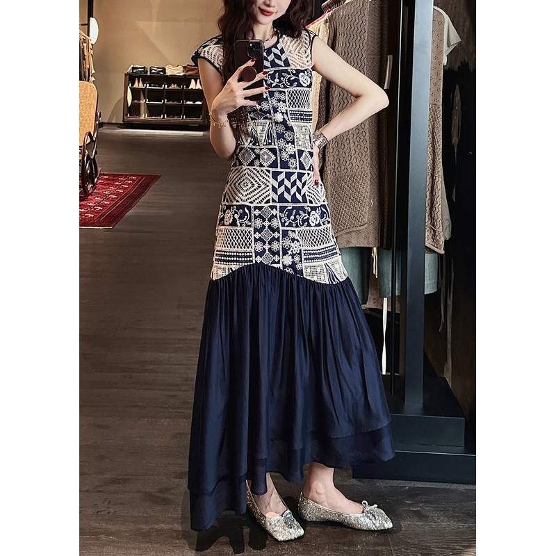 Art Navy O Neck Hollow Out Wrinkled Patchwork Cotton Long Dress Sleeveless