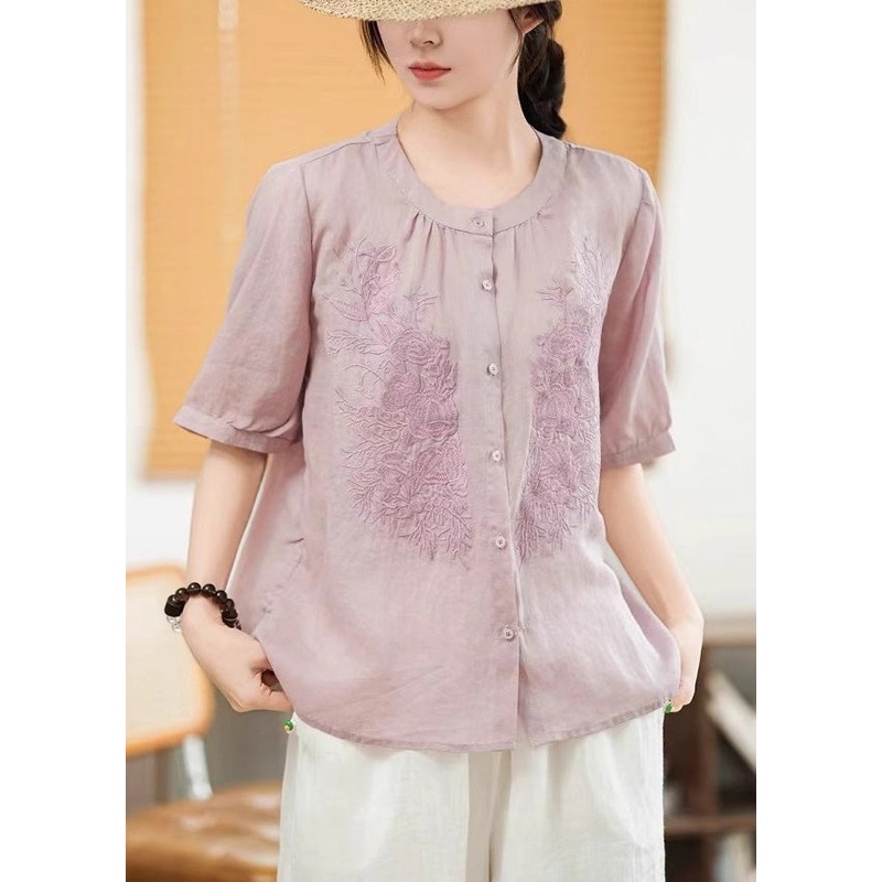 Art Purple Embroidered Linen Shirt Tops Summer