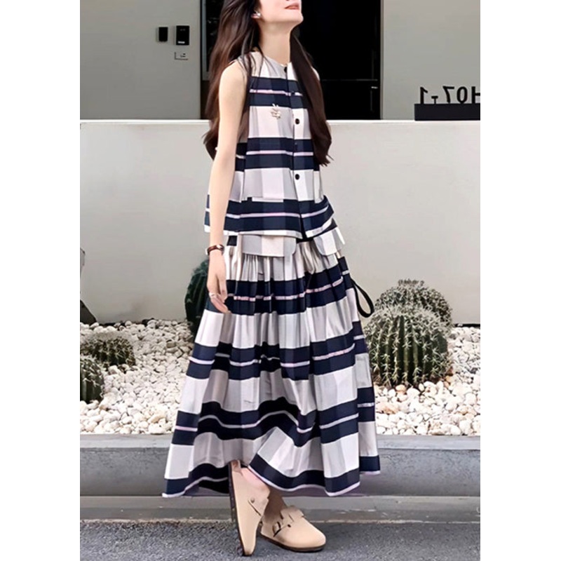 Art Striped O Neck Tops And Skirts Cotton Two Pieces Set Sleeveless
