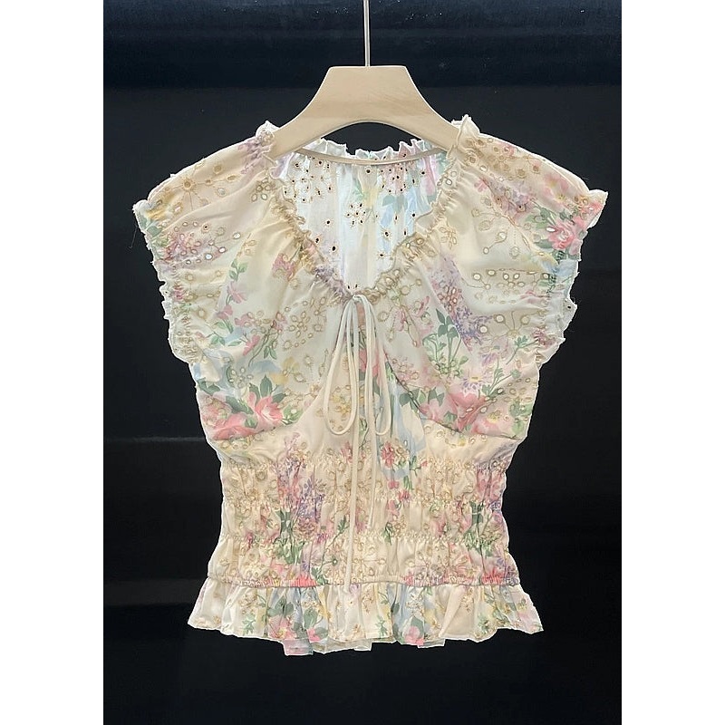 Art White Hollow Out Lace Up Cotton Shirt Summer