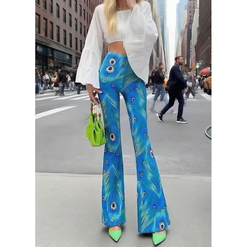 Beautiful Peacock Blue Print Butt Scrunch Flared Trousers Fall