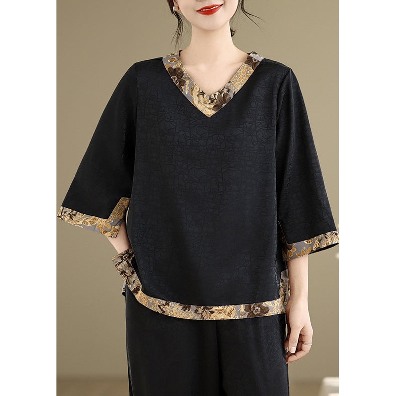 Black Patchwork Silk Tops Oversized Bracelet Sleeve