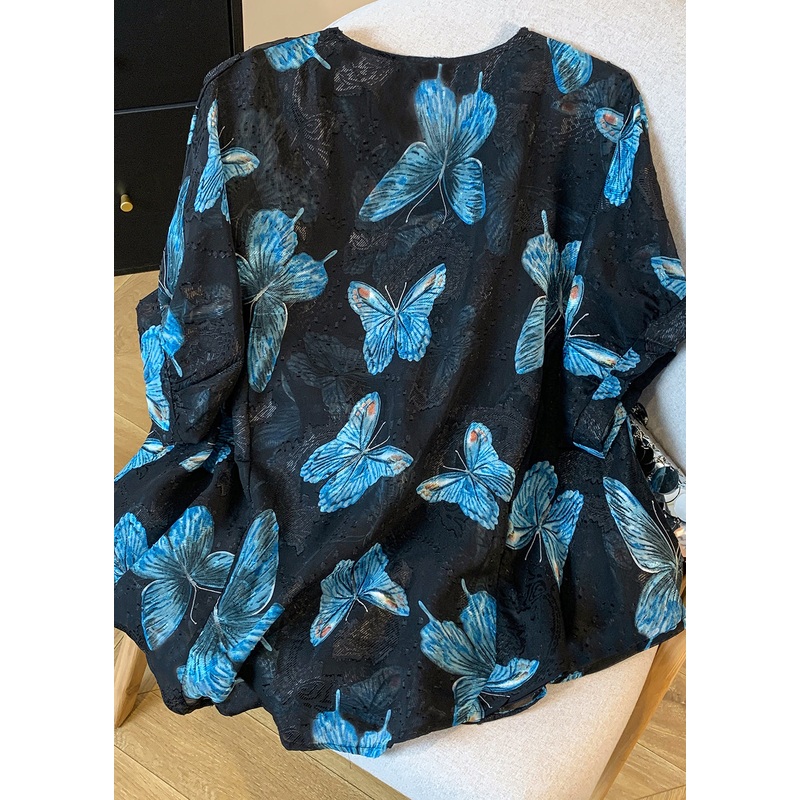 Blue Butterfly Silk Blouse Tops Cinched Summer