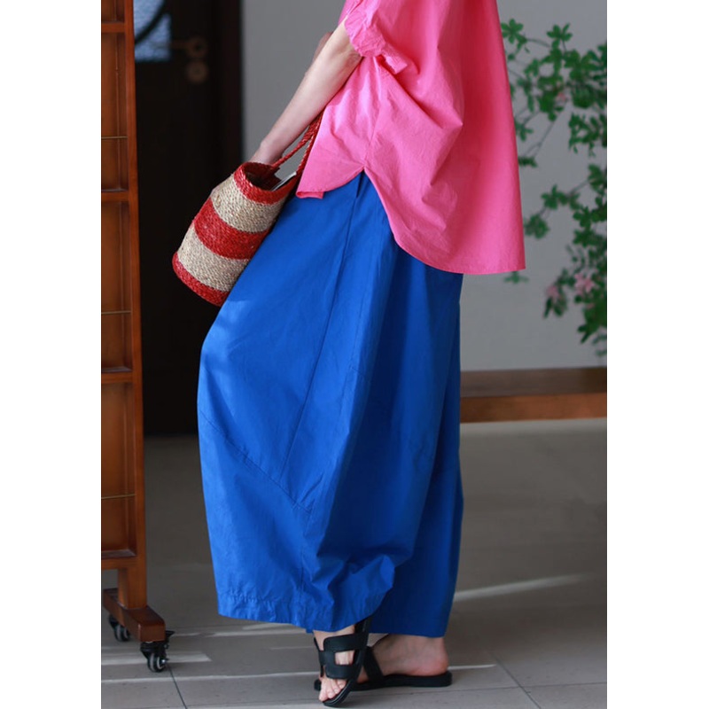 Blue Elastic Waist Loose Cotton Pants Pockets Summer