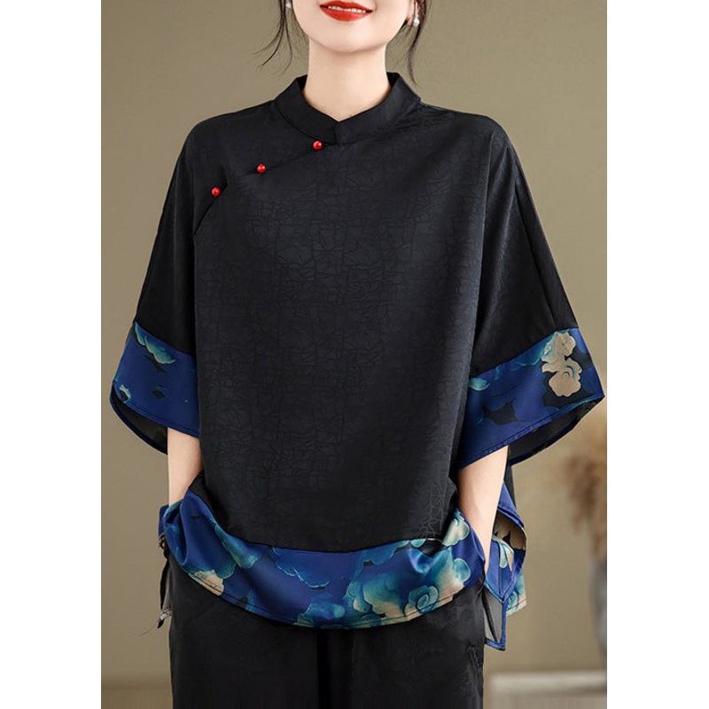 Blue Print Patchwork Silk Chinese Style Tops Oversized Summer