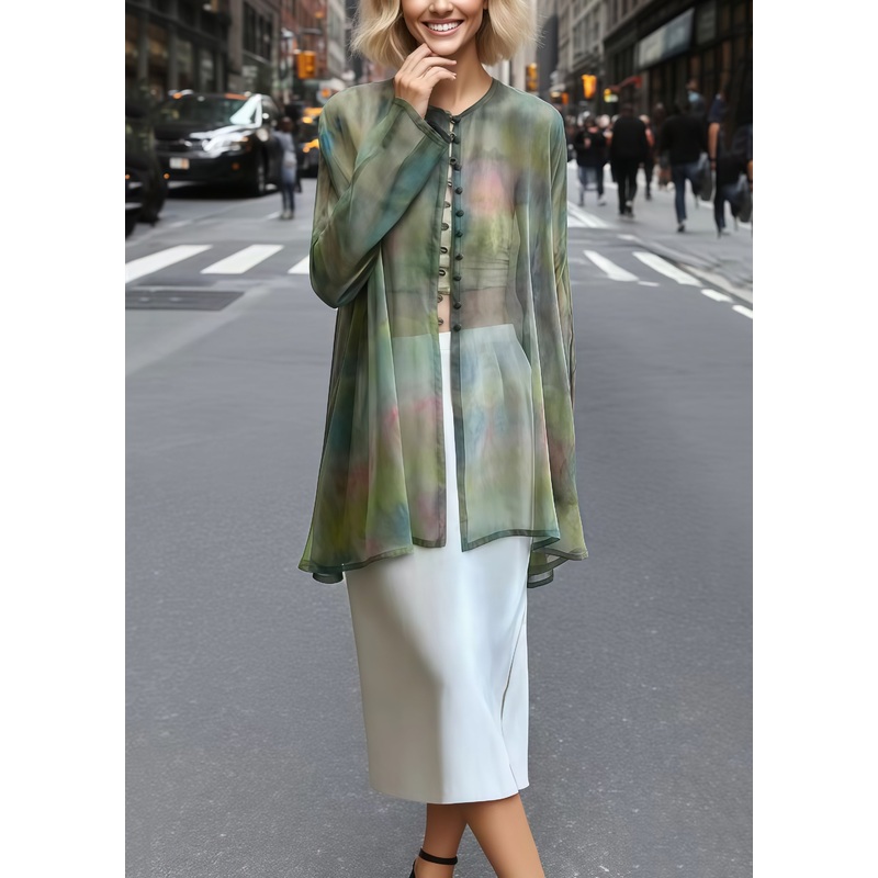 Boho Green Tie Dye Chinese Button Chiffon Sheer Cardigan Summer