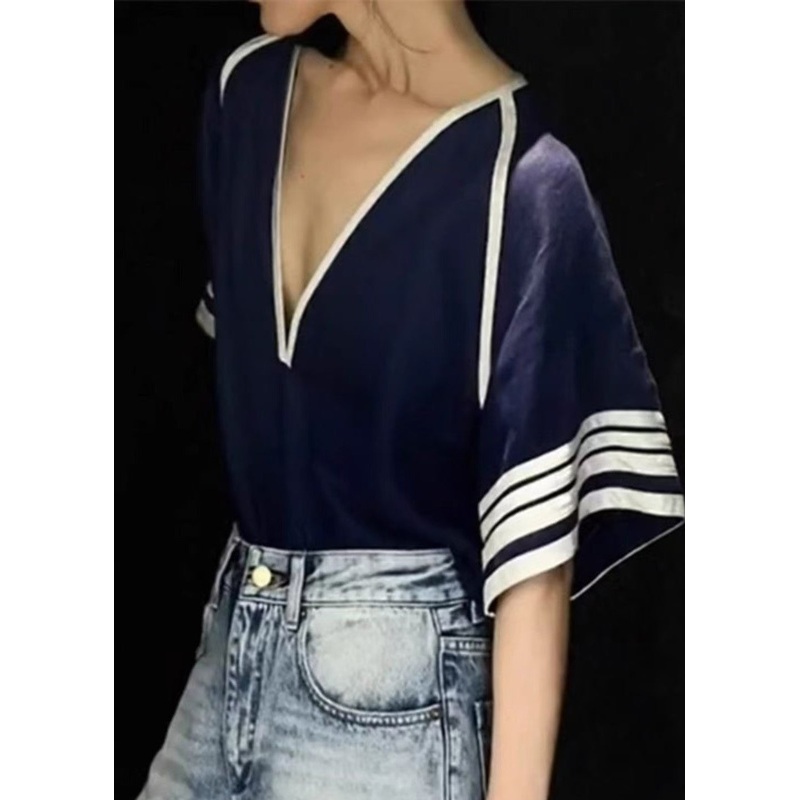 Boho Navy Deep-V Neck Striped Cotton Tanks Summer