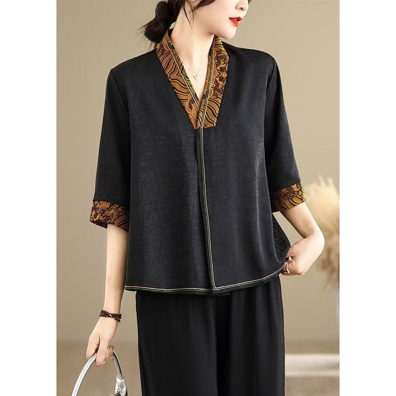 Boutique Black V Neck Patchwork Silk Shirts Half Sleeve