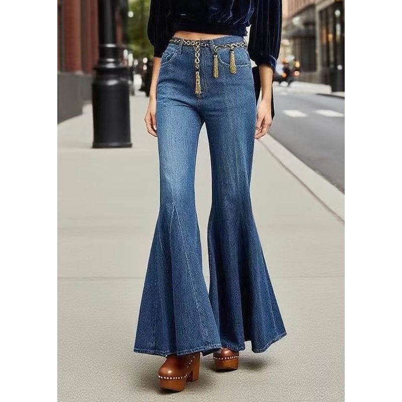 Boutique Navy Tasseled Denim Bell-bottom Trousers Fall